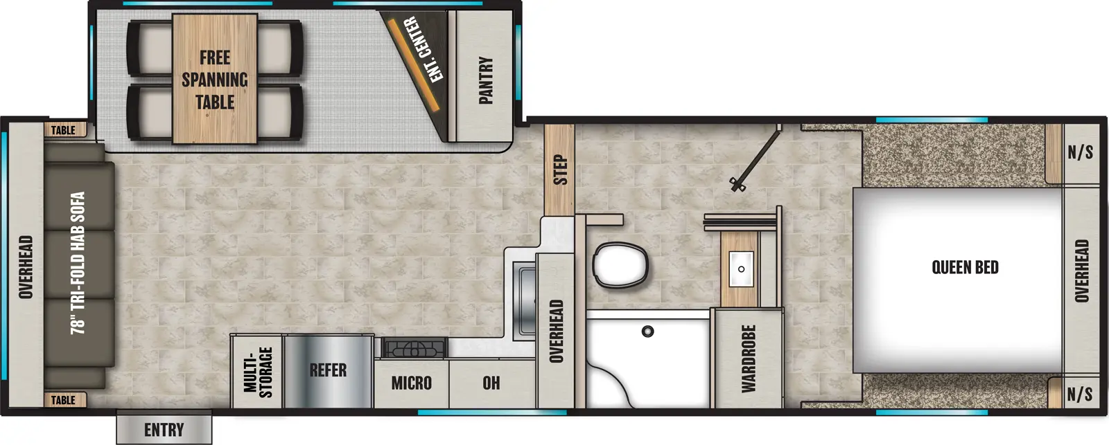 The Phoenix 254RLS floorplan has one entry and one slide out. Exterior features include: fiberglass exterior and 20' awning. Interiors features include: free-standing dinette option, front bedroom and rear living.